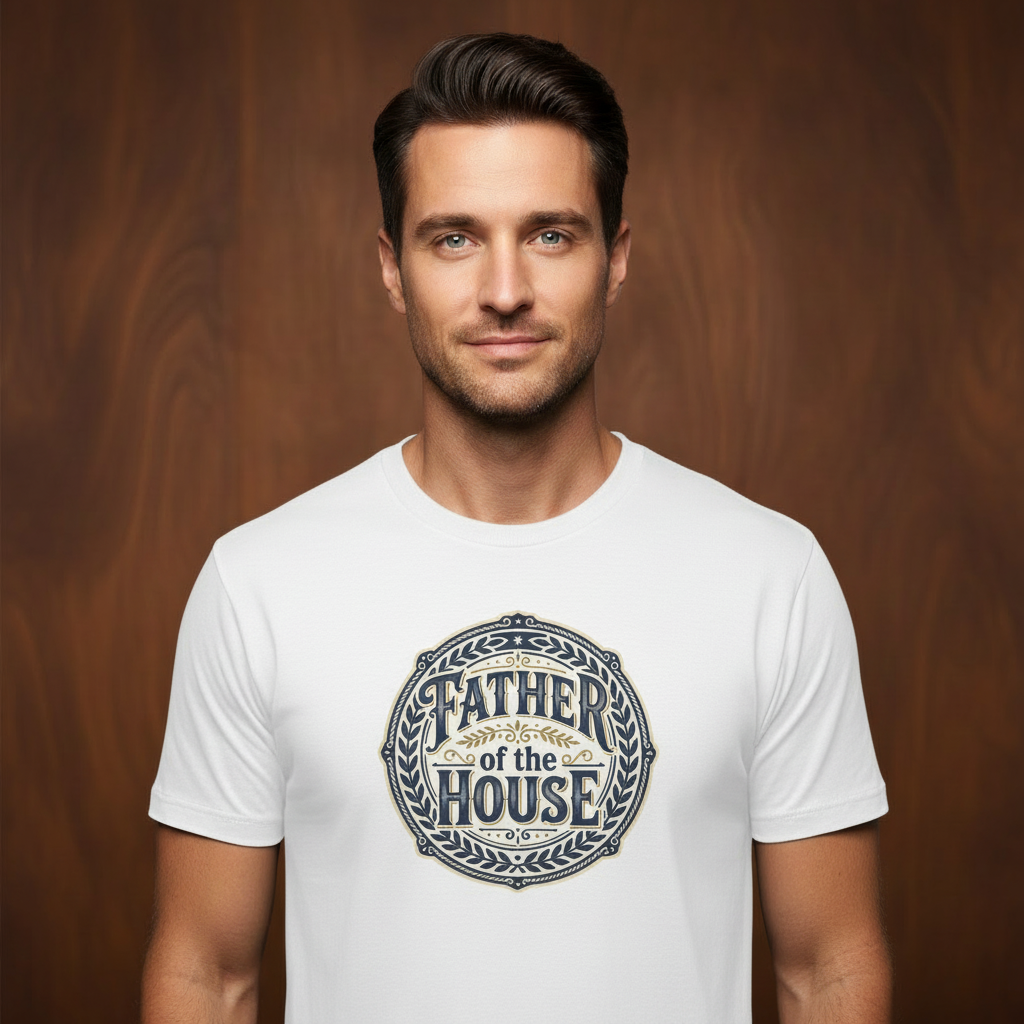 White t-shirt on male model with wood texture background