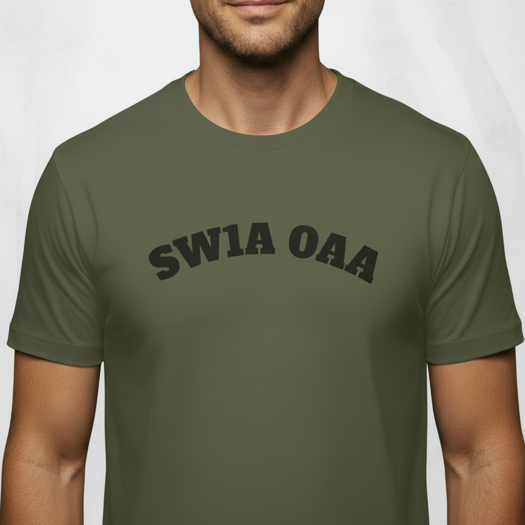 Military green t-shirt on male model with light background, ultra tight crop
