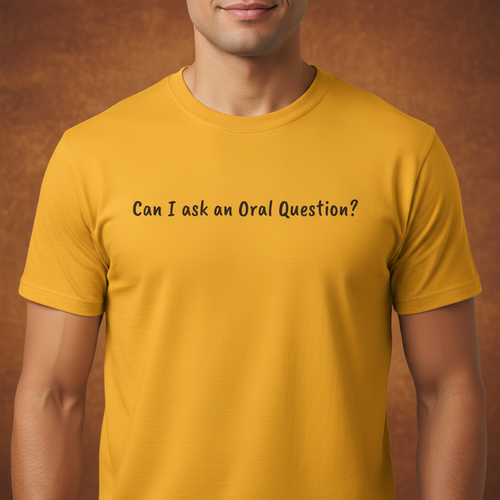 Gold t-shirt on male model with wood texture background