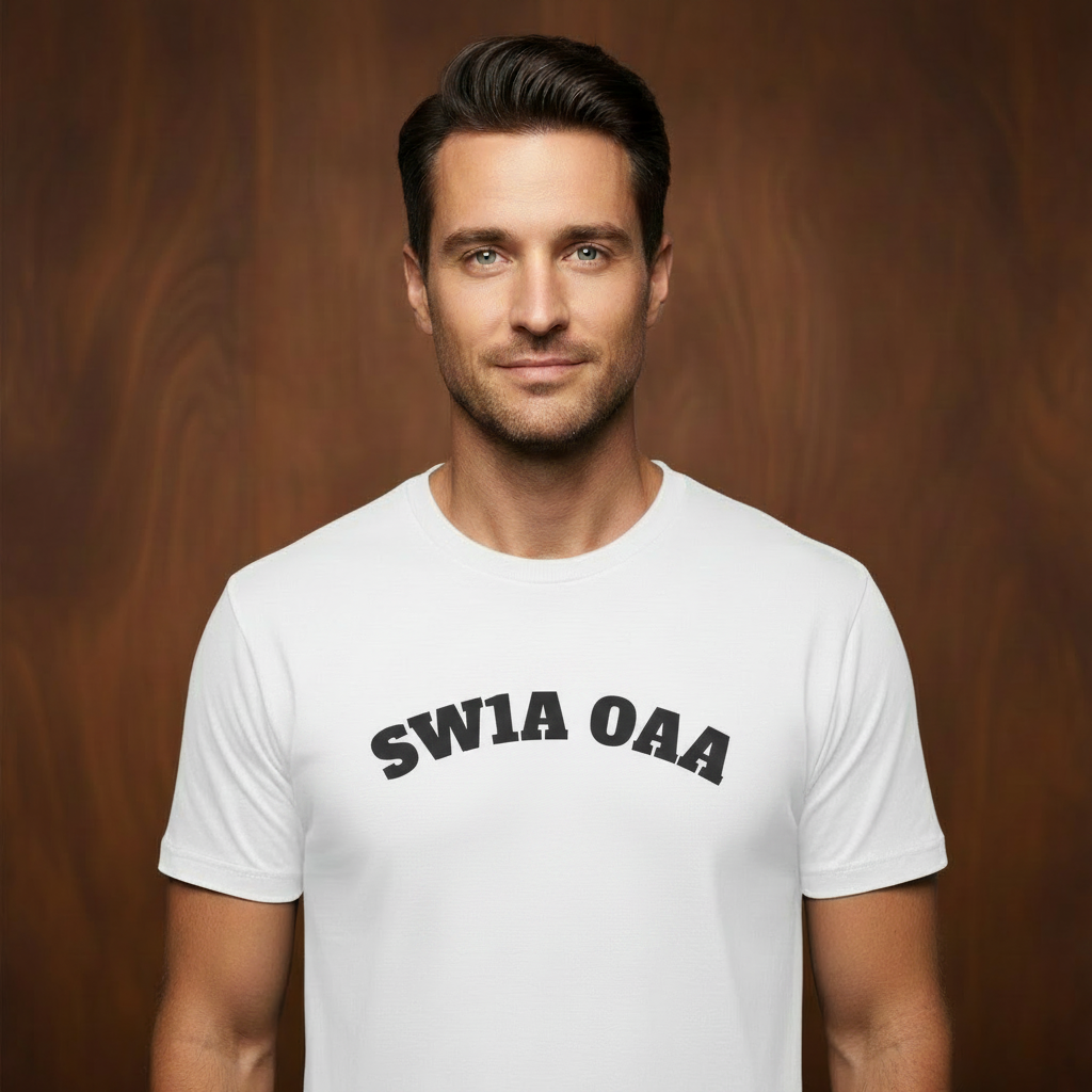 White t-shirt on male model with wood texture background, tight crop